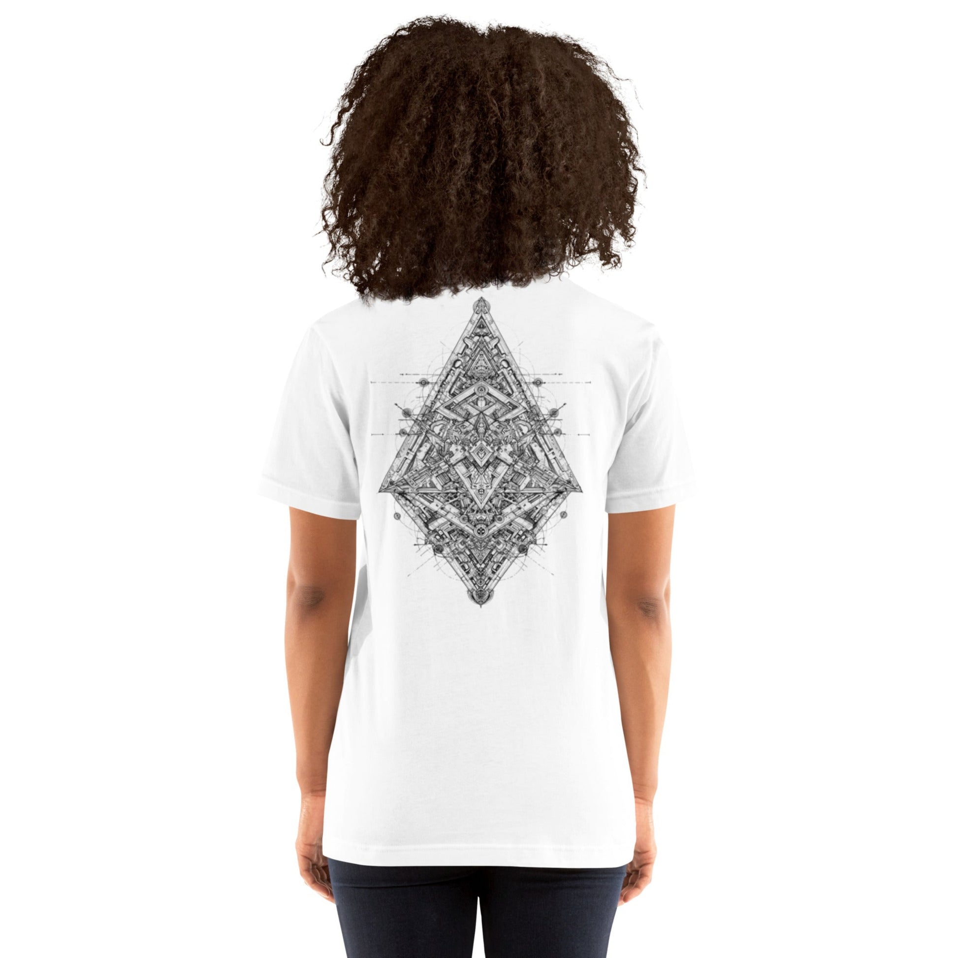 Back view of model in DROP1 one of a kind white streetwear T-shirt with geometric pattern