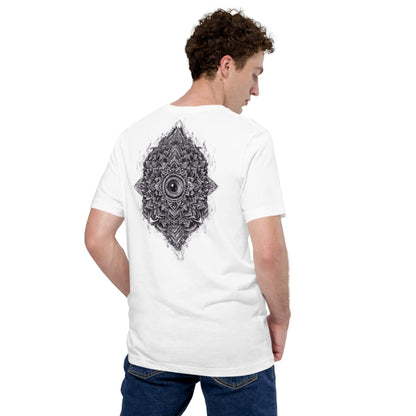 Back view of model in DROP1 one of a kind white streetwear T-shirt with geometric pattern