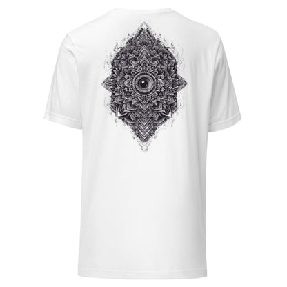 Flat lay image of DROP1 white T-shirt, unique 1 of 1 streetwear geometric pattern