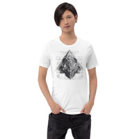 Model wearing DROP1 white T-shirt with bold geometric design, showcasing fine geometric detail unique to this drop.front view
