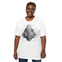 Front view of model in DROP1 one of a kind white streetwear T-shirt with geometric pattern.showcasing fine geometric detail unique to this drop.