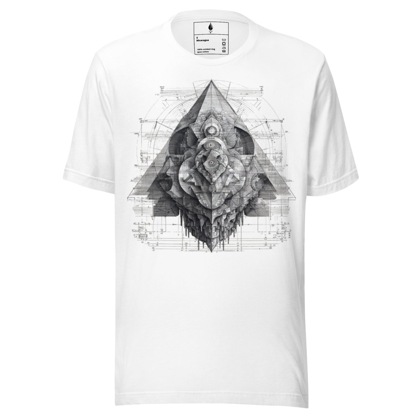 Flat lay front view of white T-shirt with monochrome geometric design, DROP1 streetwear