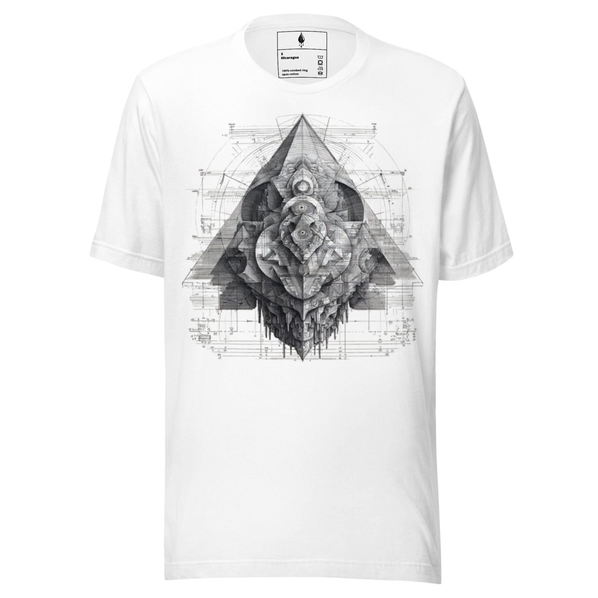 Flat lay front view of white T-shirt with monochrome geometric design, DROP1 streetwear