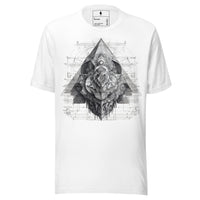 Flat lay front view of white T-shirt with monochrome geometric design, DROP1 streetwear.showcasing fine geometric detail unique to this drop.