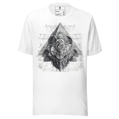 Flat lay front view of white T-shirt with monochrome geometric design, DROP1 streetwear