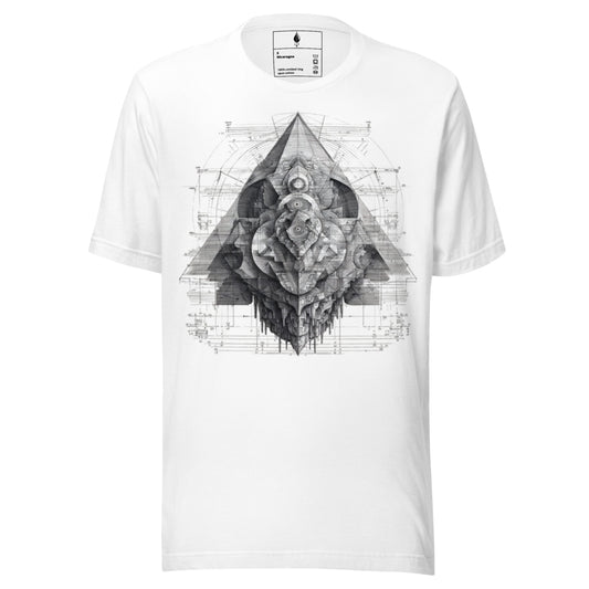 Flat lay front view of white T-shirt with monochrome geometric design, DROP1 streetwear