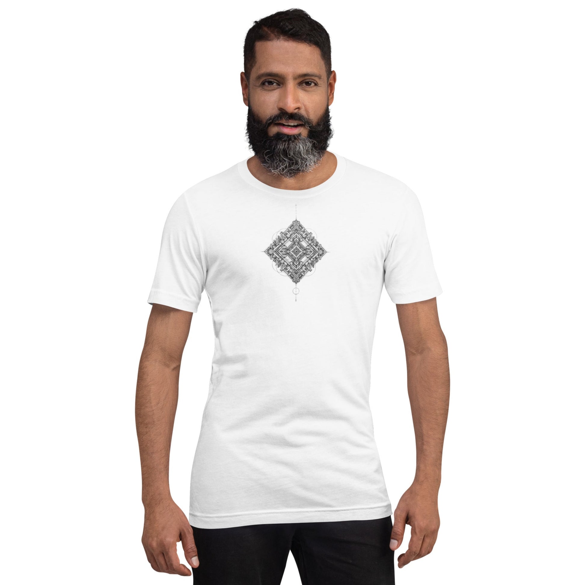 Model wearing DROP1 white T-shirt with bold geometric design, front view