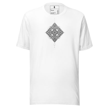 Flat lay front view of white T-shirt with monochrome geometric design, DROP1 streetwear