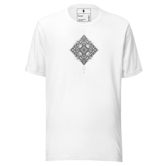 Flat lay front view of white T-shirt with monochrome geometric design, DROP1 streetwear