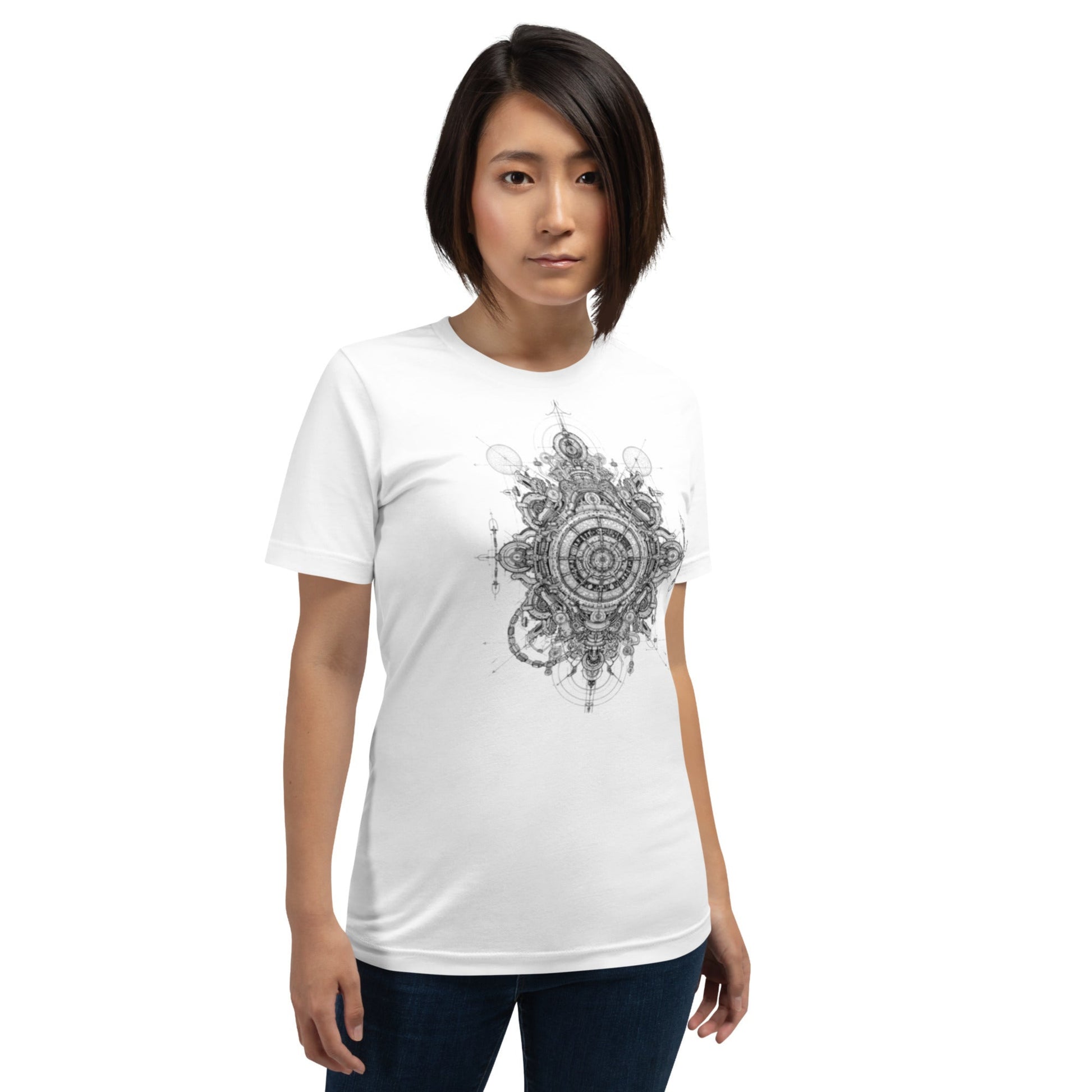 Front view of model in DROP1 one of a kind white streetwear T-shirt with geometric pattern