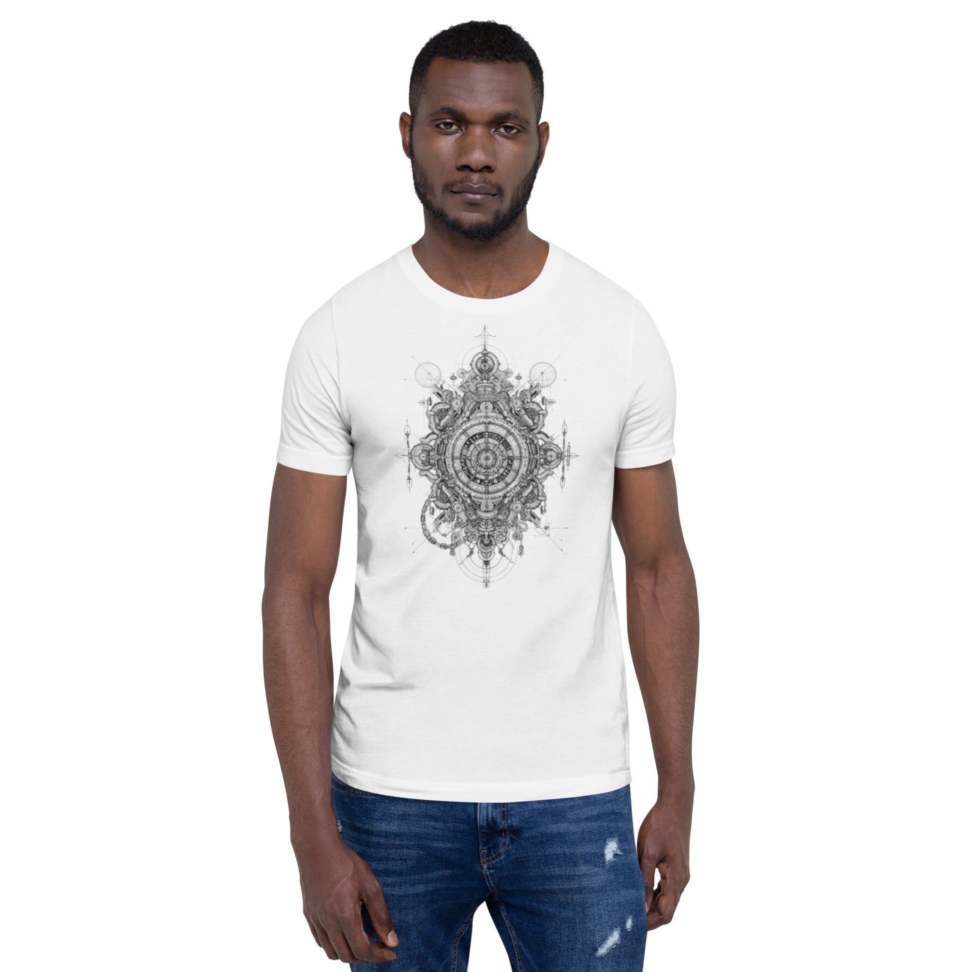 Model wearing DROP1 white T-shirt with bold geometric design, front view