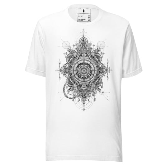 Flat lay front view of white T-shirt with monochrome geometric design, DROP1 streetwear