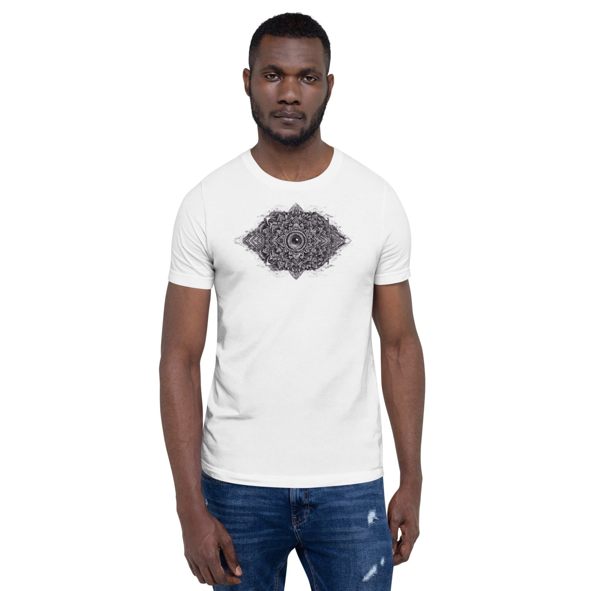 Model wearing DROP1 white T-shirt with bold geometric design, front view