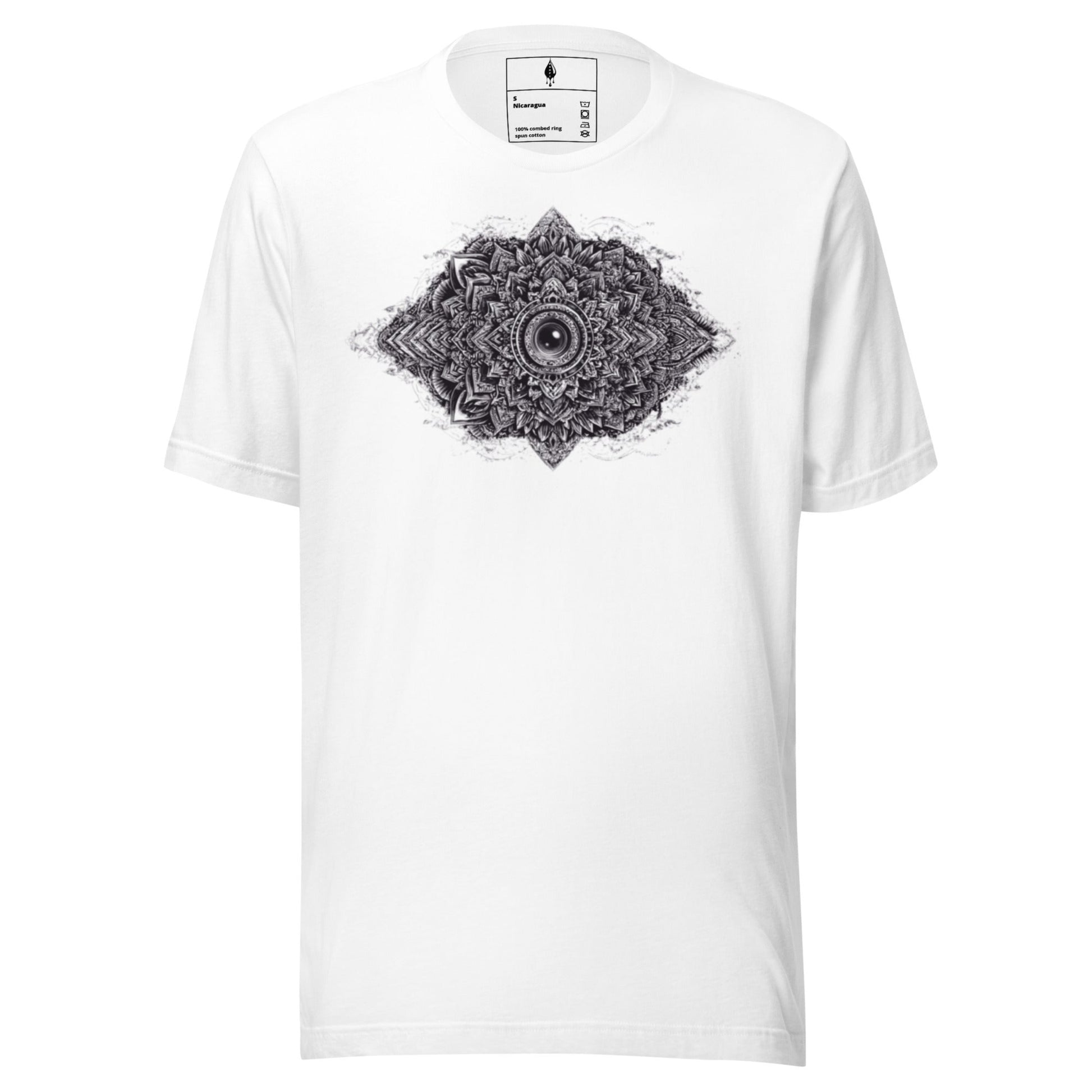 Flat lay front view of white T-shirt with monochrome geometric design, DROP1 streetwear