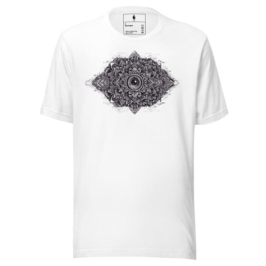 Flat lay front view of white T-shirt with monochrome geometric design, DROP1 streetwear